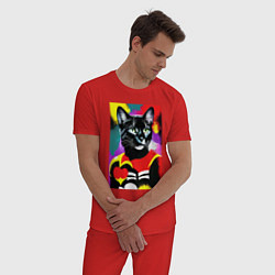 Пижама хлопковая мужская Черная кошка с сердцем: поп-арт - нейросеть, цвет: красный — фото 2