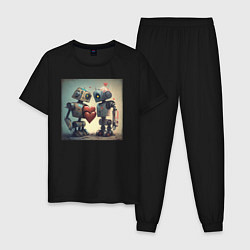 Пижама хлопковая мужская Два робота с сердцем, цвет: черный