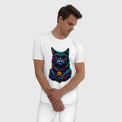 Пижама хлопковая мужская Панк кот в очках, цвет: белый — фото 2