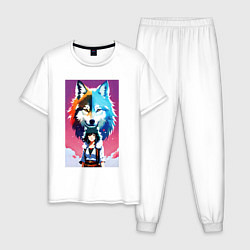 Пижама хлопковая мужская Cute girl and wolf - anime - neural network, цвет: белый