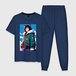 Пижама хлопковая мужская Девочка-волчонок - фурри - аниме, цвет: тёмно-синий