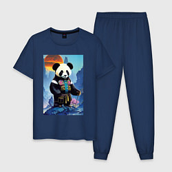 Пижама хлопковая мужская Панда на берегу озера - нейросеть, цвет: тёмно-синий