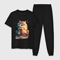 Пижама хлопковая мужская Веселый котик с попкорном, цвет: черный