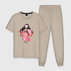 Пижама хлопковая мужская Незуко Комадо, цвет: миндальный