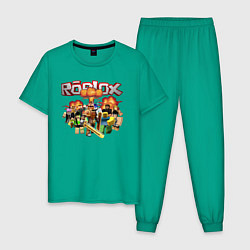 Пижама хлопковая мужская Роблокс на фоне взрыва roblox, цвет: зеленый