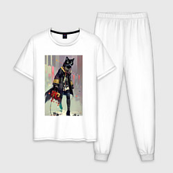 Пижама хлопковая мужская Чёрная кисуля - городская модница - живопись, цвет: белый