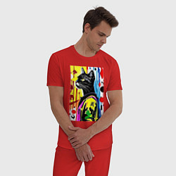 Пижама хлопковая мужская Модный чёрный кот - поп-арт, цвет: красный — фото 2
