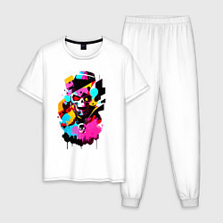Пижама хлопковая мужская Череп - поп-арт - кляксы, цвет: белый