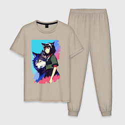 Пижама хлопковая мужская Девчонка со своим другом волком - аниме, цвет: миндальный