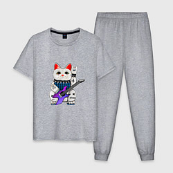 Пижама хлопковая мужская Японский кот нэко с гитарой, цвет: меланж