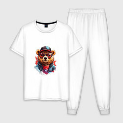 Пижама хлопковая мужская Модный медведь в кепке и в очках, цвет: белый