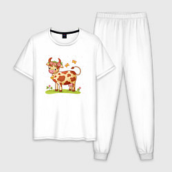 Пижама хлопковая мужская Корова на лугу, цвет: белый