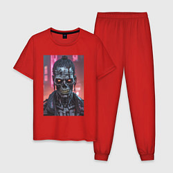 Пижама хлопковая мужская Зомби зловещий скелет киберпанк, цвет: красный