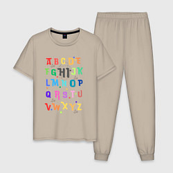 Пижама хлопковая мужская Английский алфавит в радужном цвете, цвет: миндальный