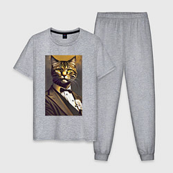 Пижама хлопковая мужская Крутой котяра - джентльмен - нейросеть, цвет: меланж