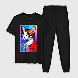 Пижама хлопковая мужская Модная кошечка - поп-арт - нейросеть, цвет: черный