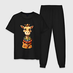Пижама хлопковая мужская Весёлый осенний жираф, цвет: черный