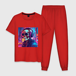 Пижама хлопковая мужская Скелет в темных очках, цвет: красный