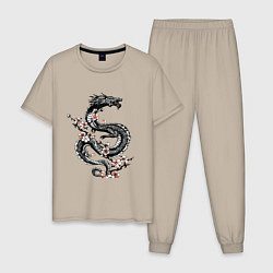 Пижама хлопковая мужская Дракон с цветущей сакурой, цвет: миндальный