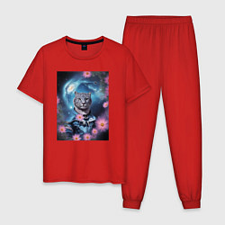 Пижама хлопковая мужская Тигр в костюме и галактика с цветами, цвет: красный