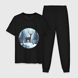 Пижама хлопковая мужская Зимняя сказка олень в лесу, цвет: черный