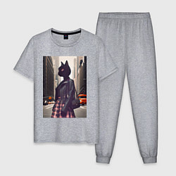 Пижама хлопковая мужская Cat fashionista - New York - ai art, цвет: меланж