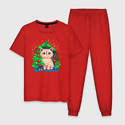 Пижама хлопковая мужская Милый котик под новогодней елкой, цвет: красный