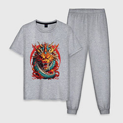 Пижама хлопковая мужская Китайский дракон в огне, цвет: меланж