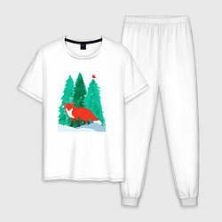 Пижама хлопковая мужская Лиса в лесу и птичка, цвет: белый