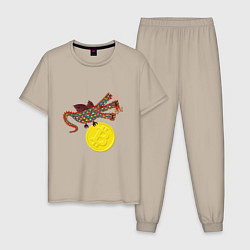 Пижама хлопковая мужская Дракон с монетой Биткойна, цвет: миндальный