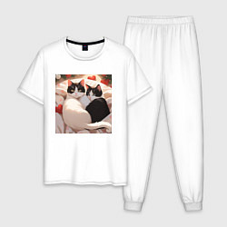 Пижама хлопковая мужская Милые кошки с сердеком, цвет: белый
