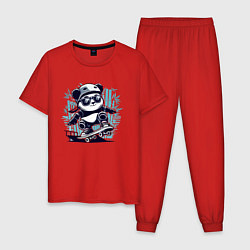 Пижама хлопковая мужская Панда - крутой скейтбордист, цвет: красный