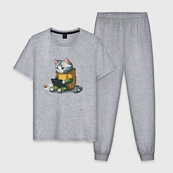 Пижама хлопковая мужская Котик за учебой, цвет: меланж