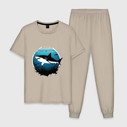 Пижама хлопковая мужская Акула белая, цвет: миндальный