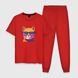 Пижама хлопковая мужская Кот в стильных очках, цвет: красный