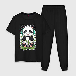 Пижама хлопковая мужская Медвежонок панды в наушниках, цвет: черный