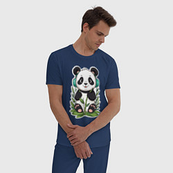 Пижама хлопковая мужская Медвежонок панды в наушниках, цвет: тёмно-синий — фото 2