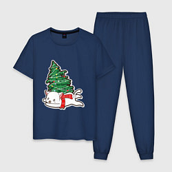 Пижама хлопковая мужская Котик против елки, цвет: тёмно-синий