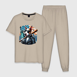 Пижама хлопковая мужская Бультерьер с битой - Нью-Йорк, цвет: миндальный