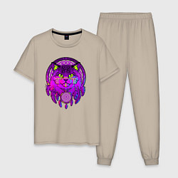 Пижама хлопковая мужская Фиолетовый кот-индеец с ловцом снов, цвет: миндальный