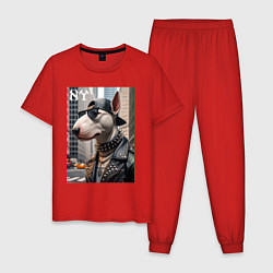 Пижама хлопковая мужская Чувак бультерьер житель Нью-Йорка, цвет: красный
