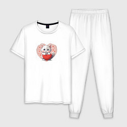 Пижама хлопковая мужская Мультяшный котенок и сердечко, цвет: белый
