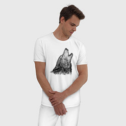 Пижама хлопковая мужская Волк воющий гравюра, цвет: белый — фото 2
