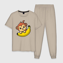 Пижама хлопковая мужская Банановая обезьянка, цвет: миндальный