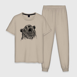 Пижама хлопковая мужская Медведь ревет, цвет: миндальный