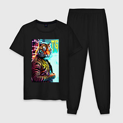 Пижама хлопковая мужская Модный тигр - неон, цвет: черный