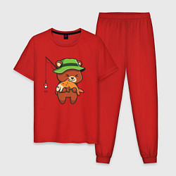 Пижама хлопковая мужская Мишка рыбак, цвет: красный