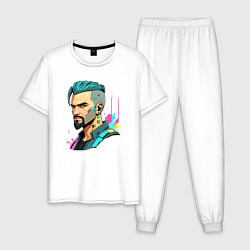 Пижама хлопковая мужская Портрет мужчины с бородой Cyberpunk 2077, цвет: белый
