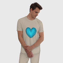 Пижама хлопковая мужская Сердце бирюзового цвета, цвет: миндальный — фото 2
