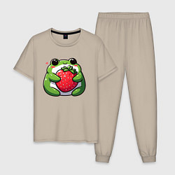 Пижама хлопковая мужская Толстая лягушка обнимает клубнику, цвет: миндальный
